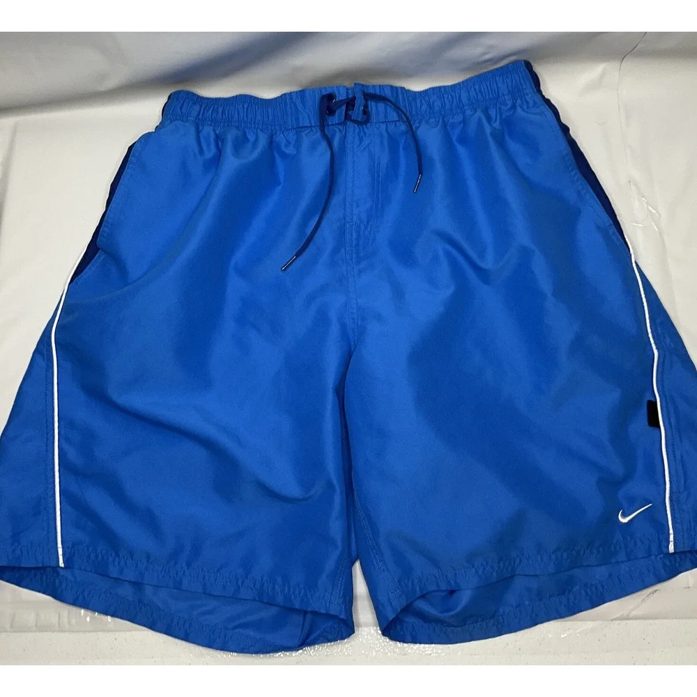 Nike Swim Trunks Mens 2XL Board Shorts Mesh Lined Blue Swoosh Pockets Bathing